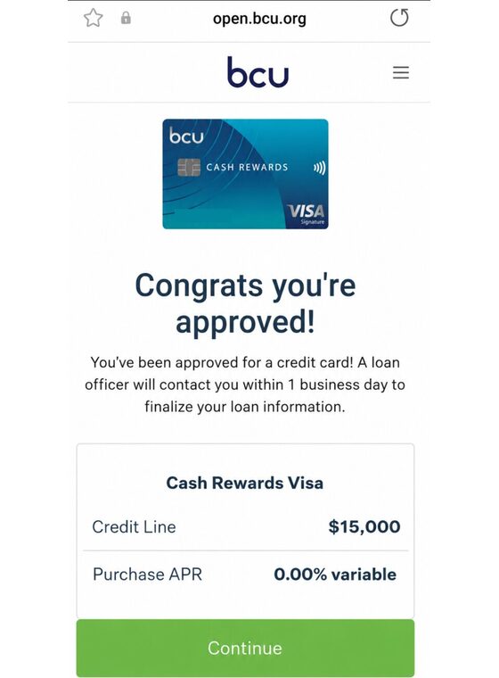 BCU approval for a $15,000 Cash Rewards Visa at 0.00% APR